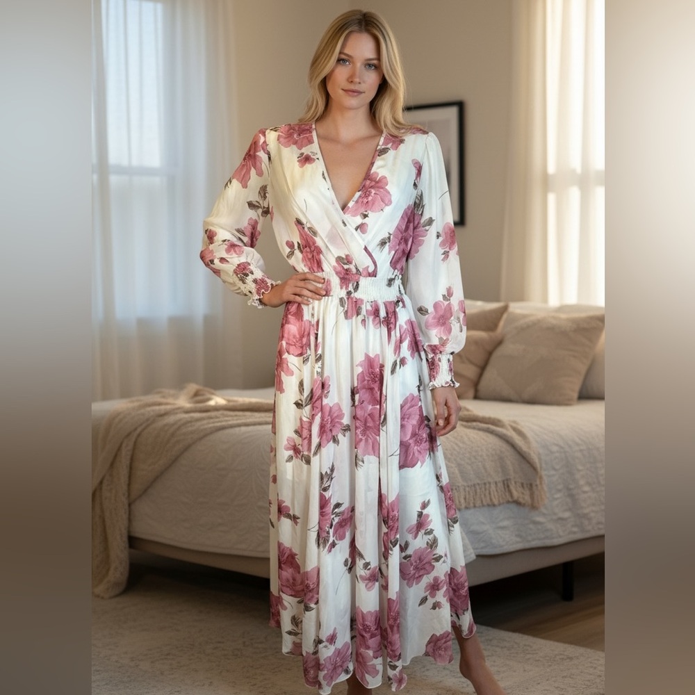 Kate and Lily Ivory Floral Maxi Dress with Pink Rose Print - Picture 8 of 8